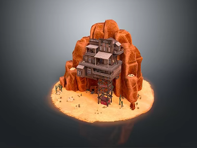Desert Landscape With Red Rocky Mountains And Wooden Building Surrounded By Cacti 3d model