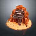 Desert Landscape With Red Rocky Mountains And Wooden Building Surrounded By Cacti