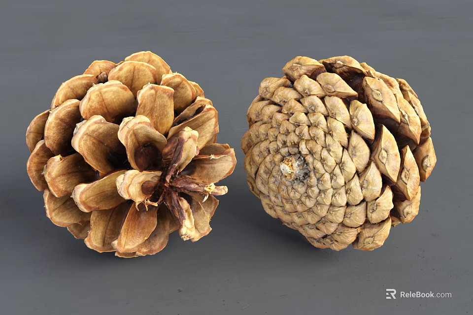 Two Natural Brown Pine Cones Against Gray Background With Detailed Texture 3d model 