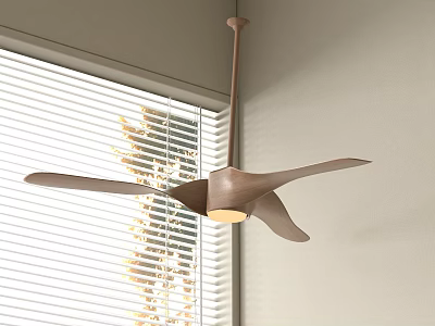 Modern Chandelier With Stylish Blades And Warm Light In Bright Room With Blinds And Plant 3d model