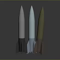 Three Different Colored Rocket Weapons Displayed As 3D Models On Gray Background