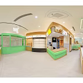 Modern Restaurant Interior With Green Chairs Wooden Tables White Pendant Lights And Glass Partitions