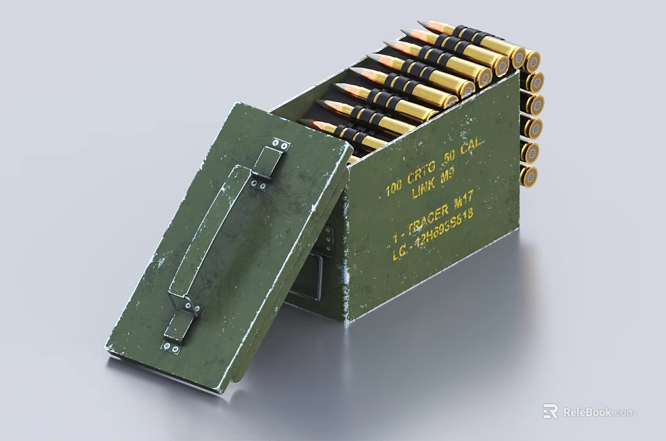 Green Military Ammo Box Filled With 50 Caliber Bullets For Weapon Storage 3d model 