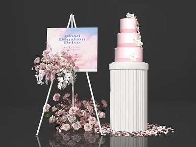 Blossom Celebration Drive With Pink Layered Cake Flower Bouquet And Petals 3d model