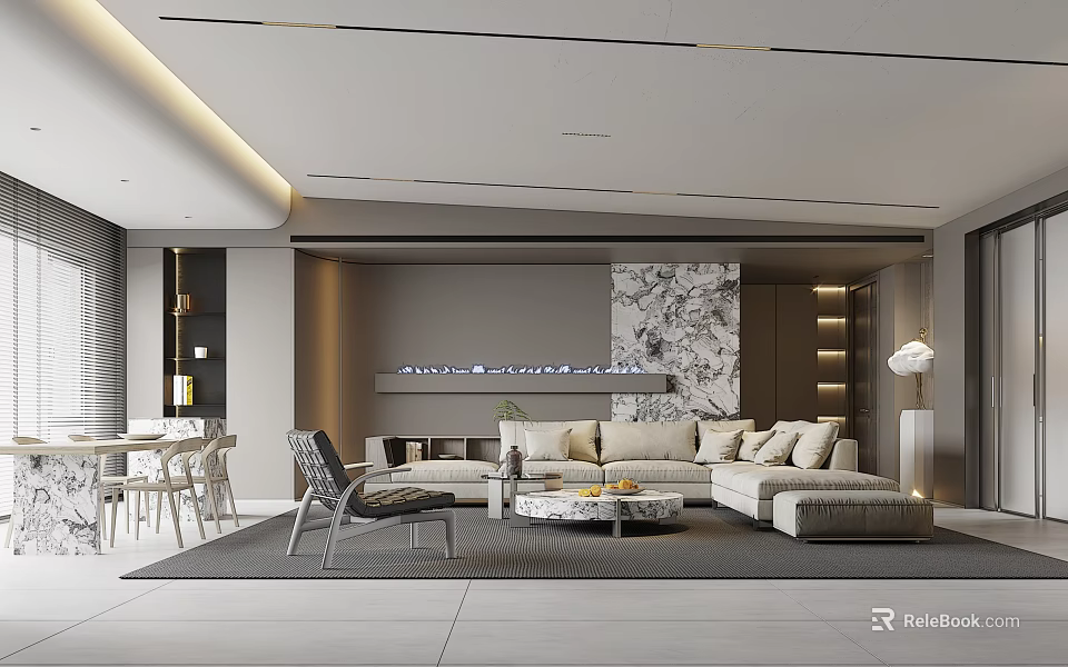 Modern Living Dining Room with Light Gray Sofa Marble Accent Wall and Round Coffee Table 3d model 