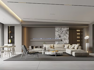 Modern Living Dining Room with Light Gray Sofa Marble Accent Wall and Round Coffee Table 3d model