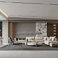 Modern Living Dining Room with Light Gray Sofa Marble Accent Wall and Round Coffee Table