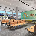 Modern Railway Station Interior With Spacious Waiting Area Blue Railings And Retail Shops