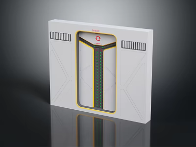 White Device Enclosure With Transparent Window Green Yellow Stripes Red Logo And Side Ventilation Grilles 3d model