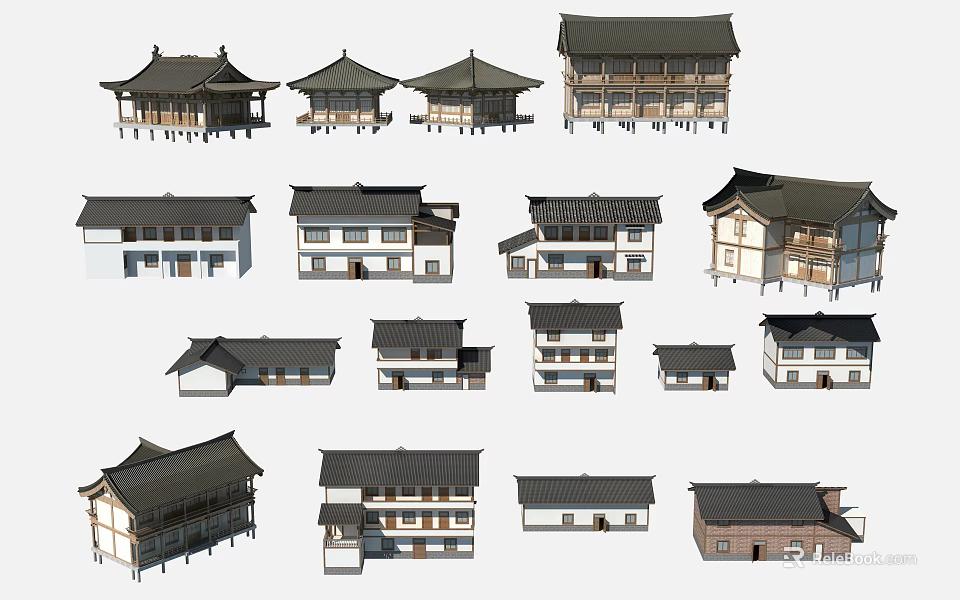 Traditional Architecture Models With Various Roof Styles And Building Structures 3d model 