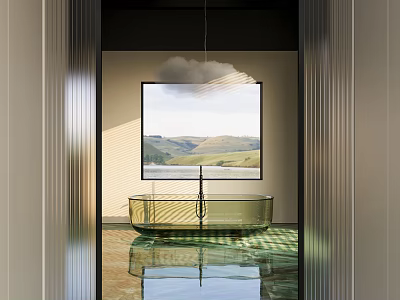 Modern Glass Bathtub in Bathroom with Mountain View and Cloud Pendant Light 3d model