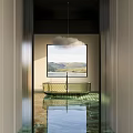 Modern Glass Bathtub in Bathroom with Mountain View and Cloud Pendant Light