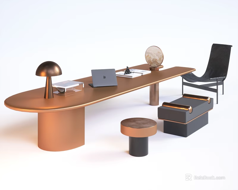 Modern Office Table and Chair Set With Copper Table Black Chair Lamp Laptop and Globe 3d model 