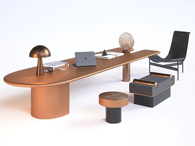 Modern Office Table and Chair Set With Copper Table Black Chair Lamp Laptop and Globe 3d model