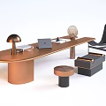 Modern Office Table and Chair Set With Copper Table Black Chair Lamp Laptop and Globe
