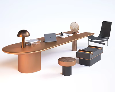 Modern Office Table and Chair Set With Copper Table Black Chair Lamp Laptop and Globe 3d model