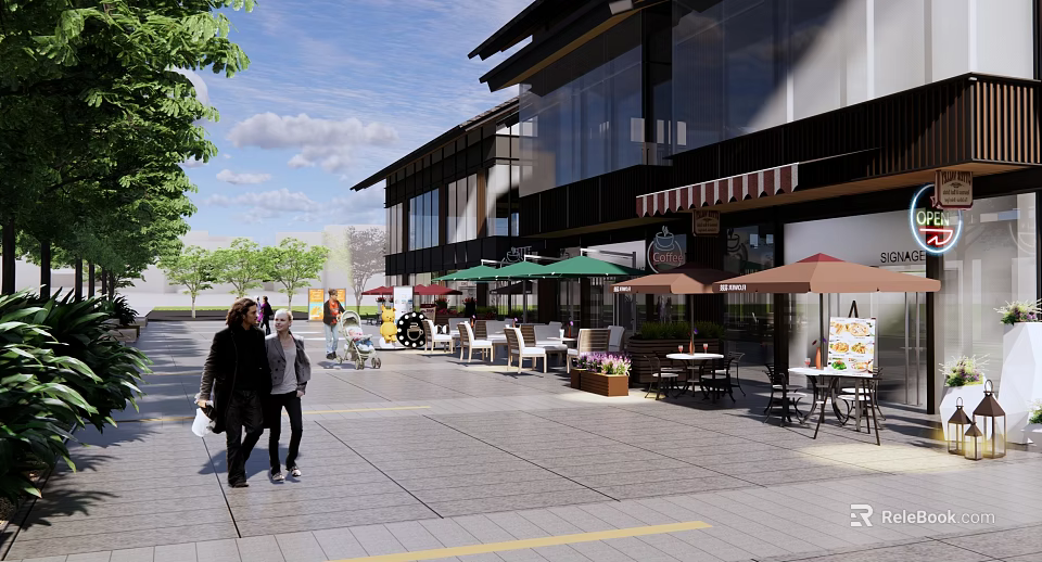 Vibrant Commercial Street With Outdoor Seating Green Umbrellas And Pedestrians Walking 3d model 
