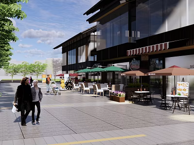Vibrant Commercial Street With Outdoor Seating Green Umbrellas And Pedestrians Walking 3d model