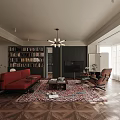 Bright Living Dining Room With Dark Bookshelves Red Sofa Large Windows White Curtains And Greenery