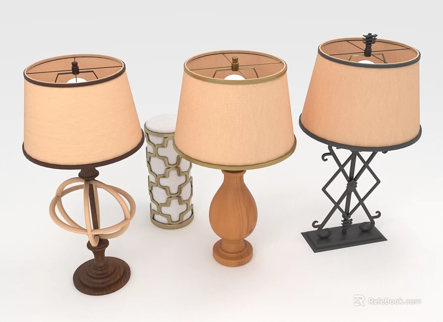 Stylish Table Lamps With Beige Lampshades And Woven Wooden Metal Bases 3d model 