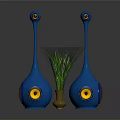 Modern Blue Vase Shaped Speakers With Green Plant And Brown Mat