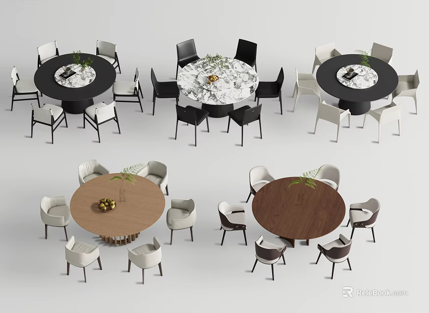 Various Modern Round Dining Table Chair Sets with Colored Chairs Wooden Tabletops and Plants 3d model 