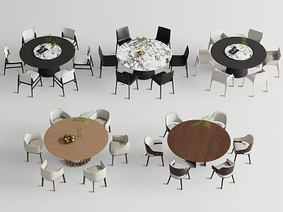 Various Modern Round Dining Table Chair Sets with Colored Chairs Wooden Tabletops and Plants 3d model