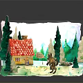 Handmade Diorama With Yellow House Red Roof Chimney Wolf Figure Green Trees Watercolor Forest Background