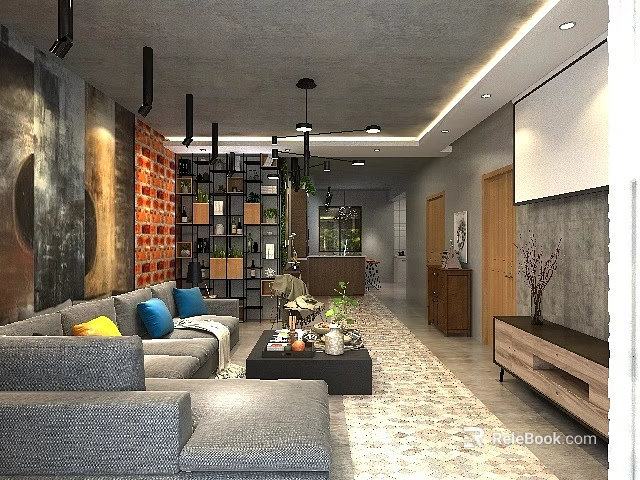 Modern Industrial Open Plan Living And Dining Room With Cozy Sofa And Exposed Brick Wall 3d model 