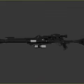 Modern Tactical Black Rifle Equipped with Scope Magazine and Barrel on Reflective Gray Surface