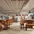 Industrial Style Hot Pot Restaurant Interior With Loft Design Wooden Tables Red Blue Crates