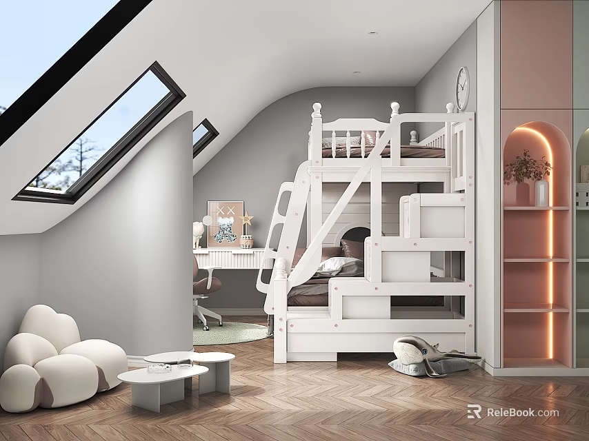 Bright Kids Room With White Bunk Bed Study Desk And Skylight 3d model 