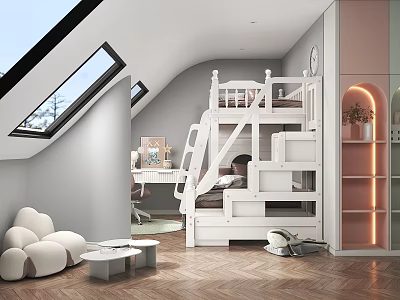Bright Kids Room With White Bunk Bed Study Desk And Skylight 3d model