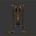 Historical Wooden Catapult Model Featuring Metal Components And Blue Accents Base