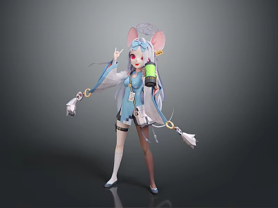 Children Friendly Cute Cartoon Character In Blue Outfit With Mouse Ears And Green Prop 3d model