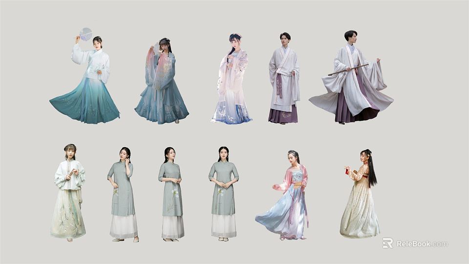 Multiple People Wearing Traditional Clothing in Different Styles and Colors 3d model 