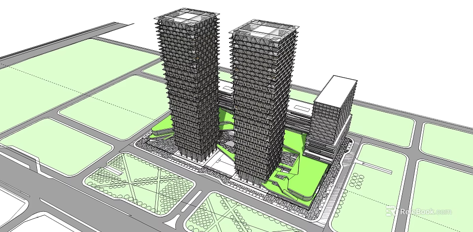 Modern Commercial Complex With Two High Rise Towers And Green Urban Space 3d model 