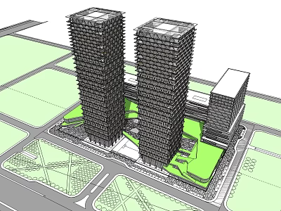 Modern Commercial Complex With Two High Rise Towers And Green Urban Space 3d model