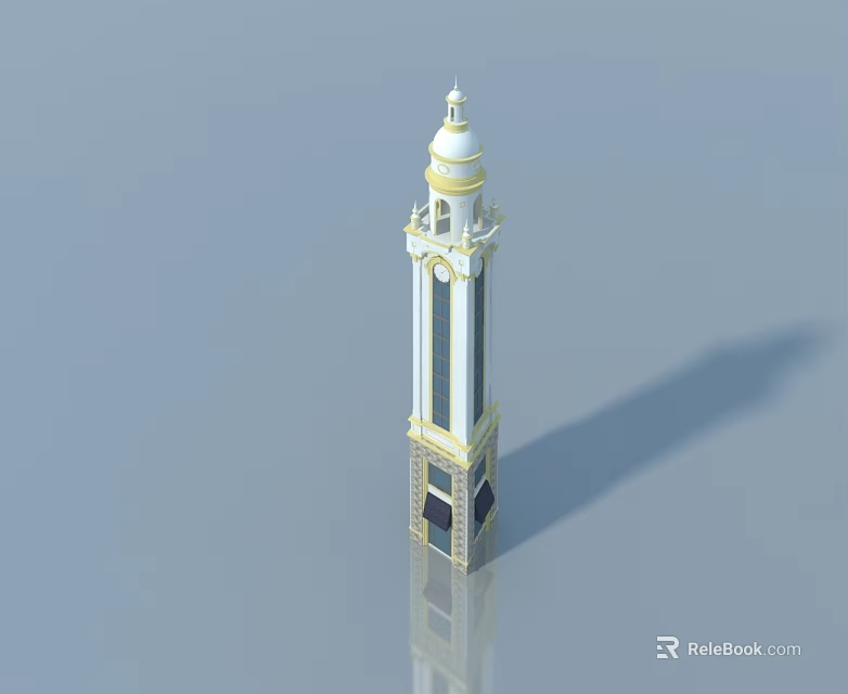 White And Gold Tower Structure With Side Hung Door And Clock Design Elements 3d model 