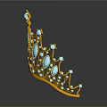 Golden Decorative Crown Inlaid With Blue Gemstones Multiple Spires Design And Reflection On Gray Surface