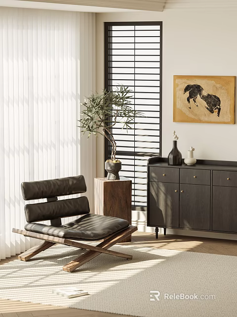 Modern Entryway Console Cabinet With Potted Plant Decorative Vases And Wall Artwork 3d model 