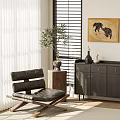 Modern Entryway Console Cabinet With Potted Plant Decorative Vases And Wall Artwork