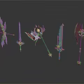 Various Designed Weapons Including Swords Staffs Axes Bows With Colorful Decorations And Glowing Elements