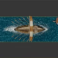 Ancient Water Vessel With Orange White Sail Wooden Oars And Dragon Head On Blue Water