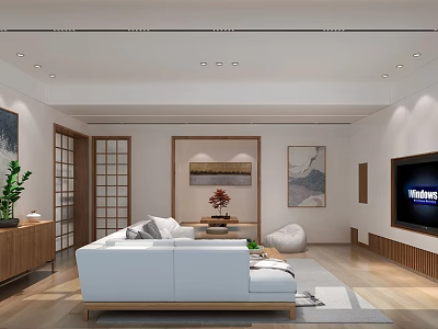 Minimalist Living Room Interior With White Sofa Wooden Elements TV Decorative Paintings And Green Plant 3d model