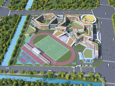 Modern School Buildings Complex With Football Field Running Track Green Areas And Surrounding Trees 3d model
