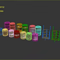 Assorted Colored Industrial Drums And Two Yellow Metal Storage Racks