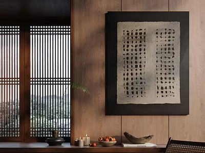 Decorative Ornament Set With Wooden Wall Lattice Screen Tabletop Candles Bowl And Plant 3d model