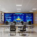 Modern Monitoring Room Interior With Large Blue Screen Charts Data Desks And Office Chairs