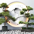 Serene Pine Bonsai Trees Display With Round Ink Painting Backdrop Flying Birds And Pebble Ground